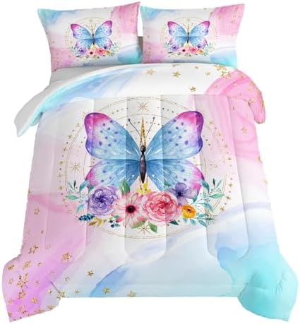 HOSIMA Butterfly Comforter Set Queen,Pink Butterfly Floral Comforter Queen Size for Girls Kids Women Bedroom Decor,Golden Stars and Colorful Butterfly Pattern Bedding Set,Butterfly Bed Set for Girls.
