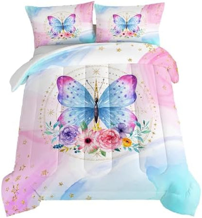 HOSIMA Butterfly Comforter Set Queen,Pink Butterfly Floral Comforter Queen Size for Girls Kids Women Bedroom Decor,Golden Stars and Colorful Butterfly Pattern Bedding Set,Butterfly Bed Set for Girls.