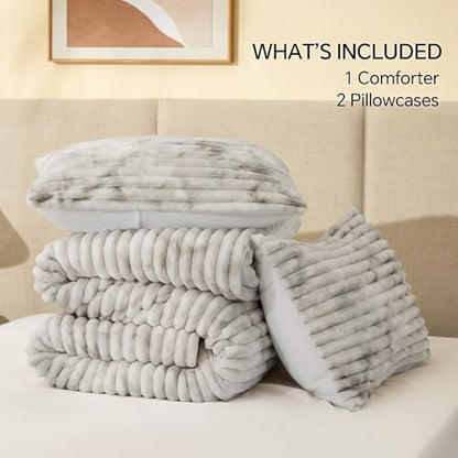 BEDELITE Fleece Twin/Twin XL Comforter Set, Fluffy Bed Set, Grey&White