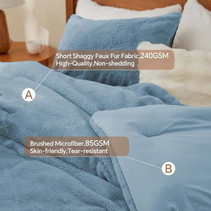BEDELITE Faux Fur King Comforter Set Blue Fog,Warm Comforter for Winter