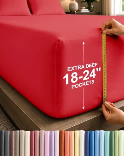 CGK Linens Extra Deep Twin Fitted Sheet - Fitted Sheet Only - Red