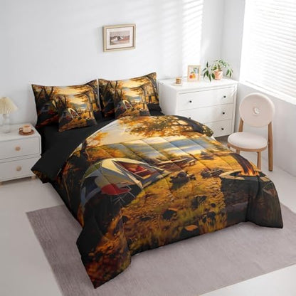 Erosebridal Rv Camper Camp Bed in A Bag with Sheets Full Happy Camping 7 Piece Comforter Set Autumn Maple Leaves Bedding Set for Women Men Adults,Bonfire Camping Bedding Comforter Sets