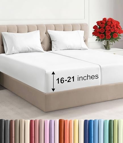 Extra Deep Pocket Split King Size Sheet Set - 5 Piece Bed Sheets - White