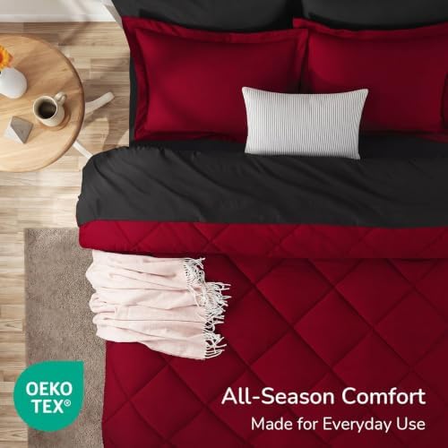 downluxe Queen Comforter Set Soft Reversible 7 Pieces, Black/Red