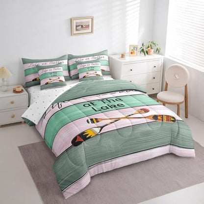 Erosebridal Lake House Bedding Set for Kids Teens,Rustic Oars Paddle Comforter Set Queen Size,Wooden Plank (Comforter+Fitted+Flat Sheet+2 Pillowcases+2 Throw Pillow Covers) 7 Pieces Bed Set