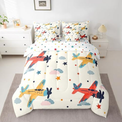 Erosebridal Aircraft Kids King Comforter Set with Sheets 7 piece Cartoon Airplane Clouds Bed in A Bag Flying Plane Stars Print Bedding Sets for Boys Girls Airplane Enthusiasts,Aviation Theme Bed Set