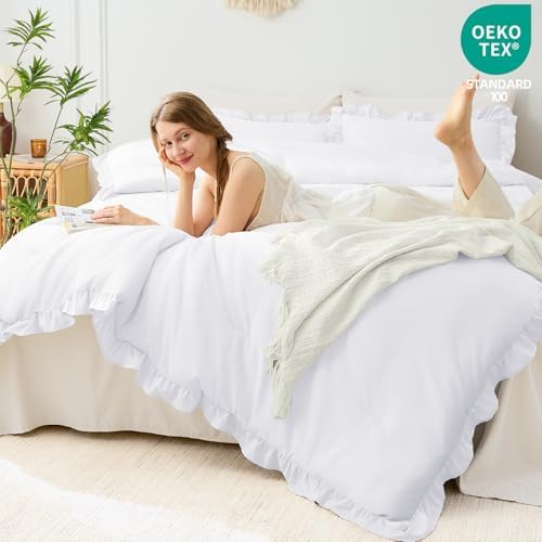 FUANNA King Size Comforter Set, Ruffle Bedding Set, 3 Pieces Bed Set, White