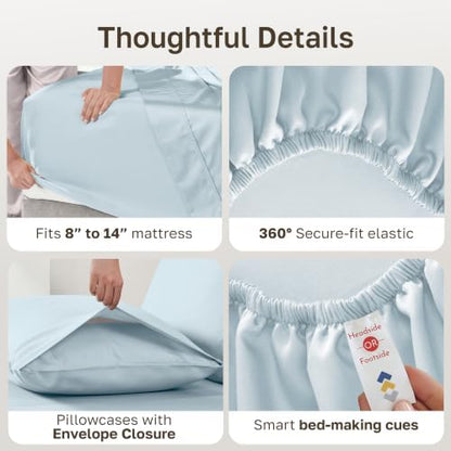 Soft Natural 100% Cotton Sateen King Size Bedsheets, 4 Pc Set, Baby Blue