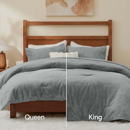 BEDELITE Faux Fur Queen Comforter Set Grey,Warm Bedding with 2 Pilowcases