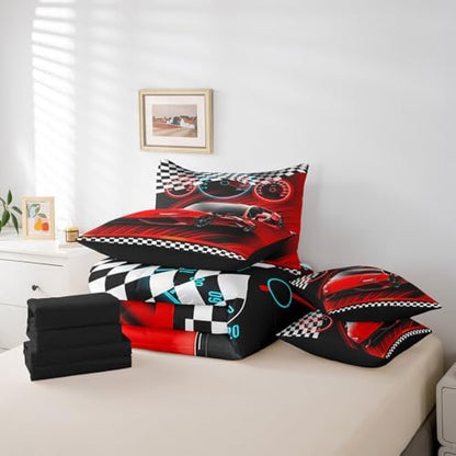 Feelyou Race Car Bed Set for Kids Boys Girls King Size Speed Sports Car 7 Pieces Beeding Set Teen Adult Ultra Soft Extreme Sports Bed in a Bag with Comforter, Sheets, Pillowcases Cool Car Room Decor