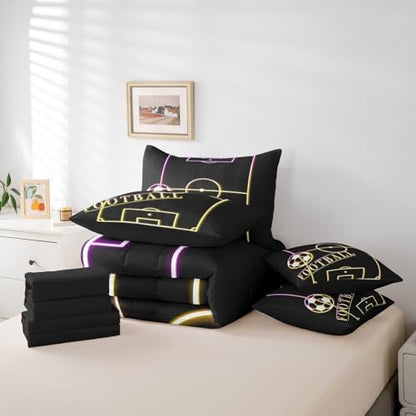 Football Queen Comforter Set 7Pcsfor Boys Sport Bedding Comforter Sets, Rainbow Neon Light Bed in a Bag Gradient Soccer Field Bedding Set, Ball Gaming Bed Sheets Set Yellow Pink (Black Reversible)