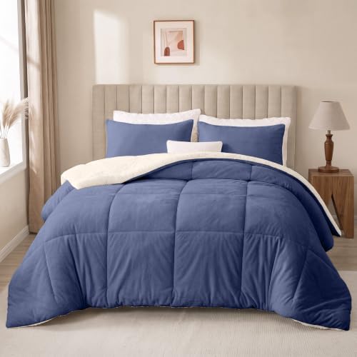 Fluffy Sherpa Queen Comforter Set, Thick Bedding Set 3 Pieces, Slate Blue