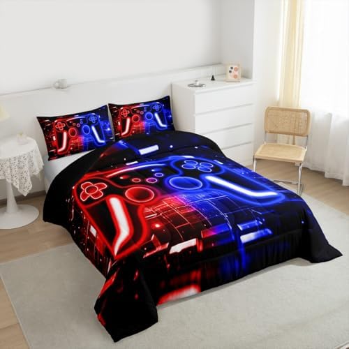 Gamer Comforter Set Gaming Girl Toddler Bedding Set, Neon Lights Video Game Console Comforter Red Blue Brick Cube Quilt,Gaming Room Decor for Boys
