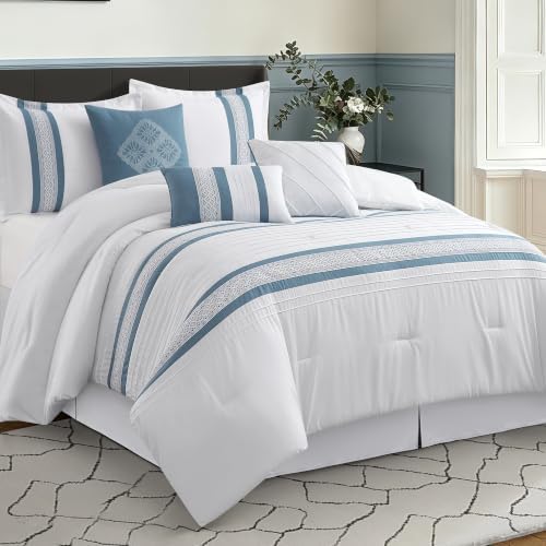 LANCO MODERN LIFESTYLE 7 Piece Comforter Set, Blue White, California King, Boho Style Geometric Microfiber Embroidery, Bed in a Bag with Bedskirt, Pillow Shams and Decor Pillows