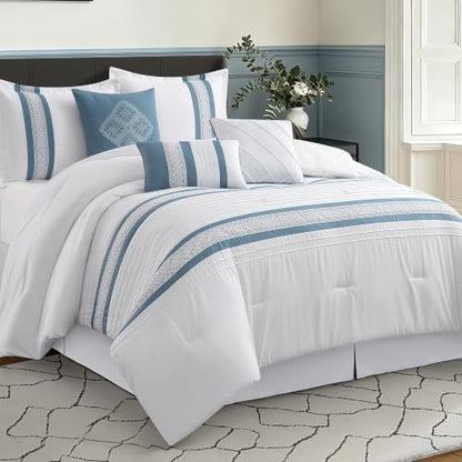 LANCO MODERN LIFESTYLE 7 Piece Comforter Set, Blue White, California King, Boho Style Geometric Microfiber Embroidery, Bed in a Bag with Bedskirt, Pillow Shams and Decor Pillows