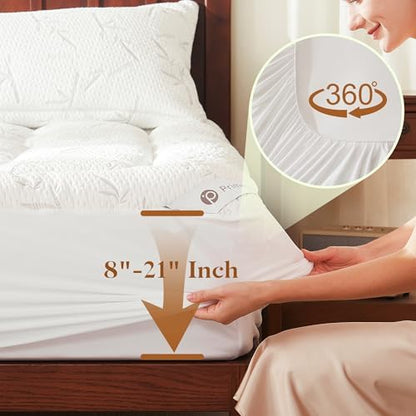 PRIMESOFT Full Size Mattress Topper, Thick Pillow Top Mattress Pad，Up to 21 Inch Deep Pocket, Soft Breathable Mattress Pad for Back Pain, Waterproof Protector Cover(White)