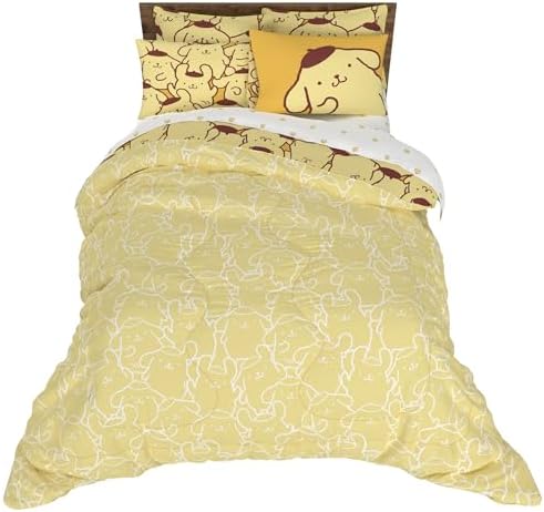 Sanrio Pompompurin Bedding Set, Queen Size 7 Piece Set Kids Super Soft Cozy Reversible Comforter and Sheet Set with Sham, (100% Officially Licensed Product) by Franco