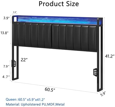 Queen Headboard Only with Storage & Outlets,Bed Headboard Queen Size,Black
