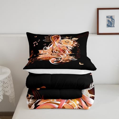 Feelyou Music Note Comforter Set King Size Couple Orange Rose Floral Comforter for Girls Women Lover Music Blossom Flowers Bedding Set Romantic Duvet Set Room Decor