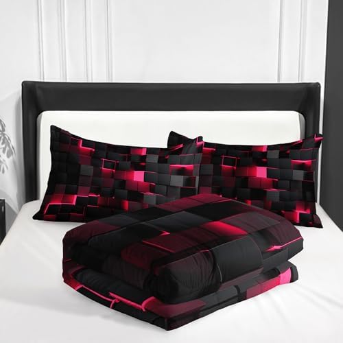Nttopship Neon Pink Black Comforter Set Queen Geometric Kids Bedding Set,3 PCS Geometry Honeycomb Bed Set Modern Quilt Set 1 Comforter 2 Pillow Cases Cool Room Decor All Season B-Side Black