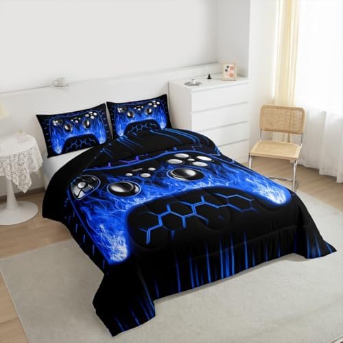 Erosebridal Ombre Art Honeycomb Gaming Comforter Sets for Boys Blue Neon Lights Game Consoles King Bedding Set Geometry Hexagon Beehive Bed Set Gamer Decor for Boys Bedroom Decor