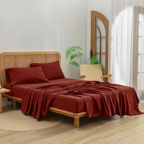 BESTOUCH Sheet Set 100% Washed Cotton Linen Feel Super Soft Comfortable Chic Lightweight 4 Pcs Home Bedding Set Solid Fired Brick Red Queen