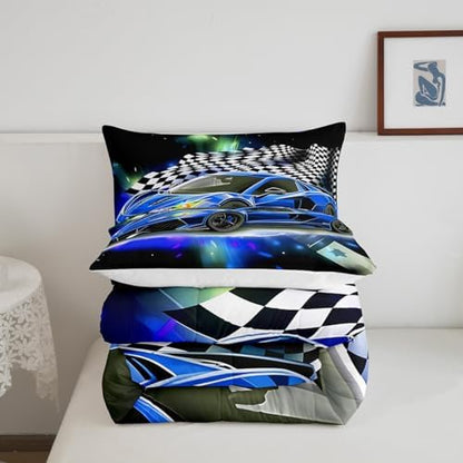 Feelyou Blue Racing Car Comforter Bed in A Bag Full Size for Kids Teens