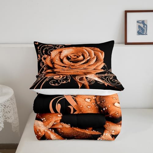Feelyou Orange Rose Floral Comforter Set King Size Couple Valentine's Day Botanical Comforter for Girls Women Lover Music 3D Printed Blossom Flowers Bedding Set Romantic Duvet Set