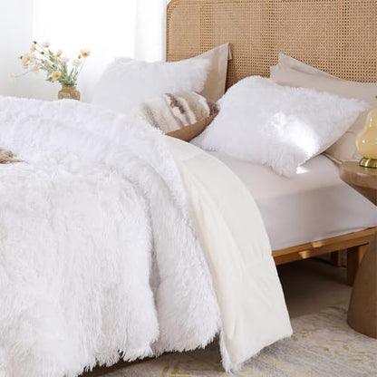 Smoofy Fluffy Queen Comforter Set, White Faux Fur Comforter Set 3 Pieces