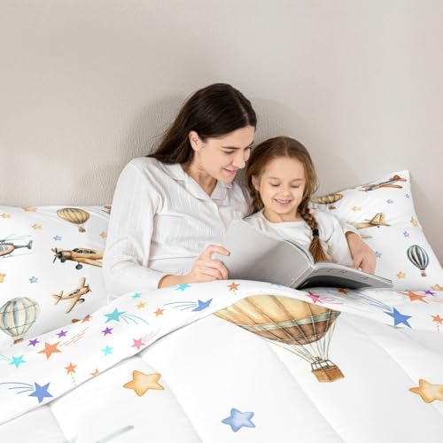 Erosebridal Cute Propeller Plane Queen Bedding Set, Cartoon Airplane Aircraft Comforter Set for Kids Boys Teens Child Girls Adults Bedroom, Hot Air Balloon Comforter, Star Print Quilt