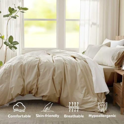Full Duvet Cover Set, 100% Egyptian Cotton, 1600 Thread Count, Ultra Soft & Breathable Luxury Bedding with Zipper Closure & Corner Ties, 3PCS(Khaki, 80''x90'')