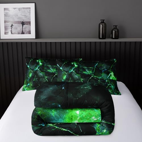 Nttopship Green Comforter Set Queen Size，Green Marble Bedding Set 3 Pcs Bedding for Adults, Marble Room Decor with Comforter and 2 Pillowcases Soft and Lightweight B-Side Black