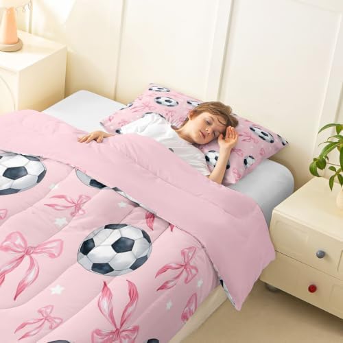 Coquette Soccer Comforter Set Twin Size,Pink Ribbon Bowknot Bedding Sets 2Pcs for Kids Girls Boys Teens Room Decor,Cute Stars Pattern Quilted Duvet Sports Bow Game Down Comforter,1 Pillowcase