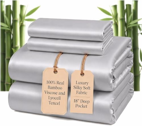 100% Real Bamboo Viscose & Lyocell Tencel Sheets Set Queen Size | Breathable & Cooling for Hot Sleeper | Luxury Silky Soft Fabric | 18" Deep Pocket with Corner Straps (Charcoal, Queen)