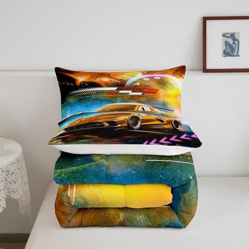 Feelyou Orange Race Car Bedding Set King Size for Kids Boys Extreme Sports Car Comforter Set Decorations Teens Toddler Galaxy Planet Duvet Set Cool Modern Quilt Set 3Pcs