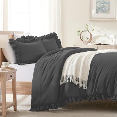 Andency Oversized King Ruffle Comforter Set, 3 Pcs Dark Gray Fluffy Bedding