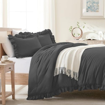 Andency Dark Gray Ruffle Comforter Twin Size, 2 Pieces Soft Bed Set
