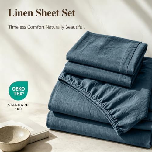MEISHANG 100% French Linen Sheets California King,4 Pcs,16" Deep Pocket