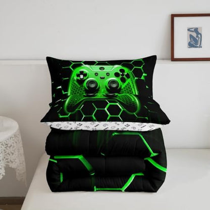 Manfei Modern Gamer Comforter Set Twin Size, Green Honeycomb Gamepad Down Comforter with 1 Pillowcase, Vodeo Games Bedding Set 2pcs for Kids Boys Girls Bedroom Decor Teens Gaming Duvet Insert