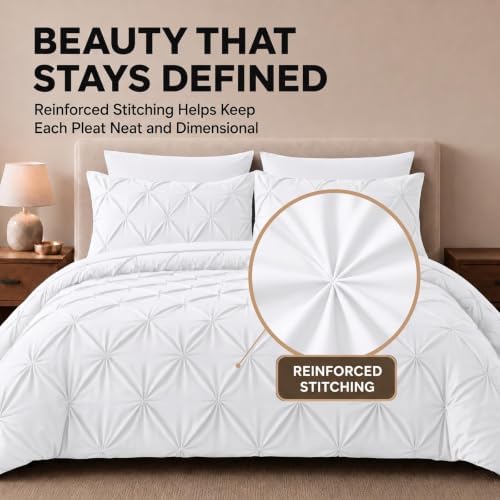 HIMEET Twin Comforter Set White - 5 Pieces Pintuck Bed in a Bag