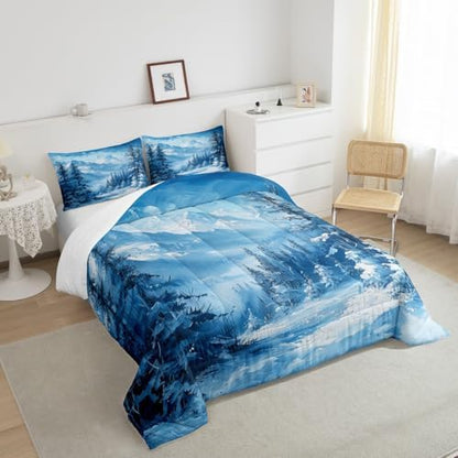 Snow Scenery Woodland Comforter Set King Size,Pine Tree Winter Theme Bedding Set for Kids Boys Girls Room Decor,Snowmountain Nature Scenery Duvet Insert 3Pcs,Rustic Style Quilt Set,2 Pillowcases