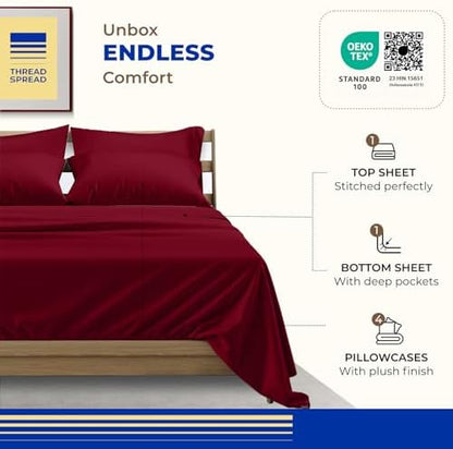 THREAD SPREAD Egyptian Cotton Sheets King Size - 1000 Series High Thread Count Cotton King Size Sheets Set (6 PC, Burgundy), 16" Snug Fit Deep Pocket, Sateen Weave Ultra-Soft Hotel Luxury Sheet Set