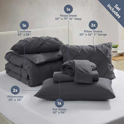 Nestl 9 Piece Full Comforter Set – Dark Grey Pinch Pleated Bed in a Bag – Complete Full Size Bedding Set with Sheets, Set of 2 Cooling Pillows, Pillowcases and Shams