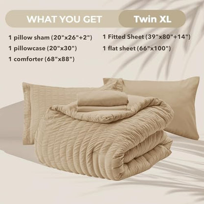 HYMOKEGE Khaki Twin XL Comforter Set Seersucker 5 Pieces, All Season Luxury Bed in a Bag for Bedroom, Bedding Set with Comforter, Sheets, Pillowcase & Sham