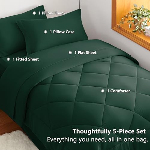 CozyLux Twin XL Comforter Set 68"x88" Emerald Green - 5 Piece Bed in a Bag