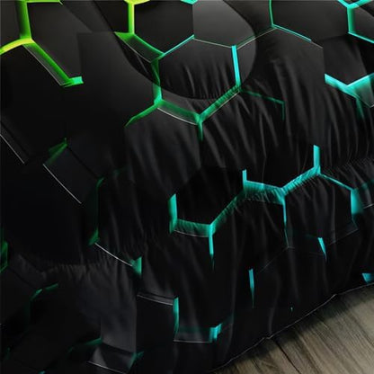 Geometric Green Black Neon Comforter Set,Light Honeycomb 3 Piece Bedding Set Queen for Teen Boys,Modern Bedding Quilt Set Geometry Decor,Microfiber Lightweight 1 Comforter 2 Pillowcases All Season