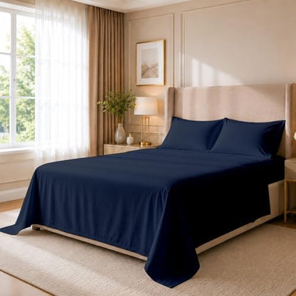 4 Piece Full XL Dorm Bedding Set for College, Egyptian Cotton, Navy Blue