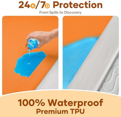 OhGeni Waterproof Mattress Protector, Queen Size Mattress Pad Fitted with Deep Pocket 6"-18", Breathable Noiseless & Soft, Washable Dirt-Proof Mattress Cover for Home, Hotel, Orange, Daybed Cover