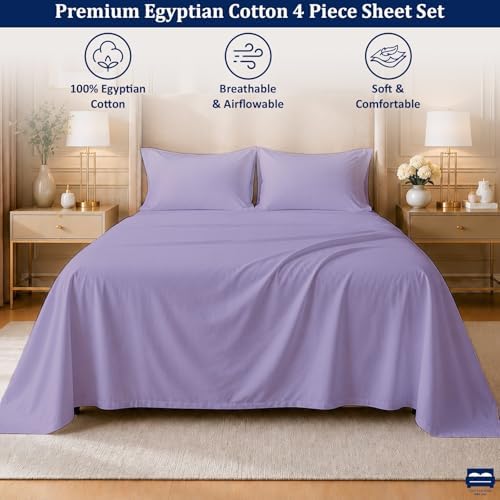 Cottingon 4 PC Olympic Queen Sheets, 15" Deep, Egyptian Cotton, Lavender