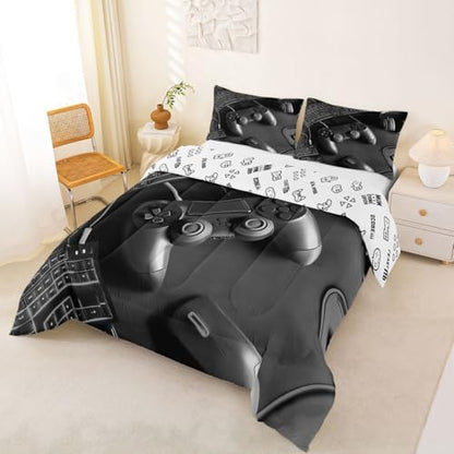 Feelyou Gamer Comforter Set King Size Gaming Bedding Set for Kids Boys Girls Game Room Decor Duvet Quilt Gamepad Bedroom Decor Black Microfiber 3 Pcs with 2 Pillow Cases